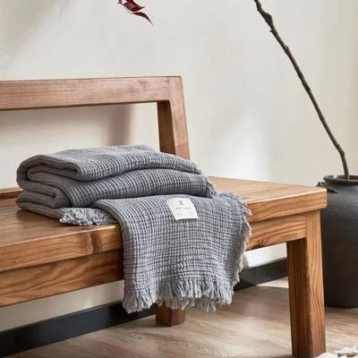 Uplifted Goods Four Layer Cotton Gauze Blanket With Tassel Edges soot Blue 130x170 Cm