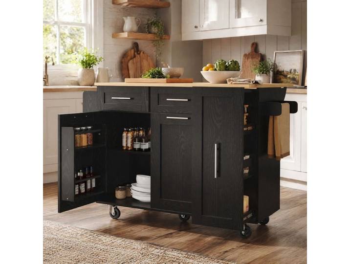 VUENOR ilot central de cuisine 110 x 46 x 90 5 cm noir aspect bois - plateau rabattable