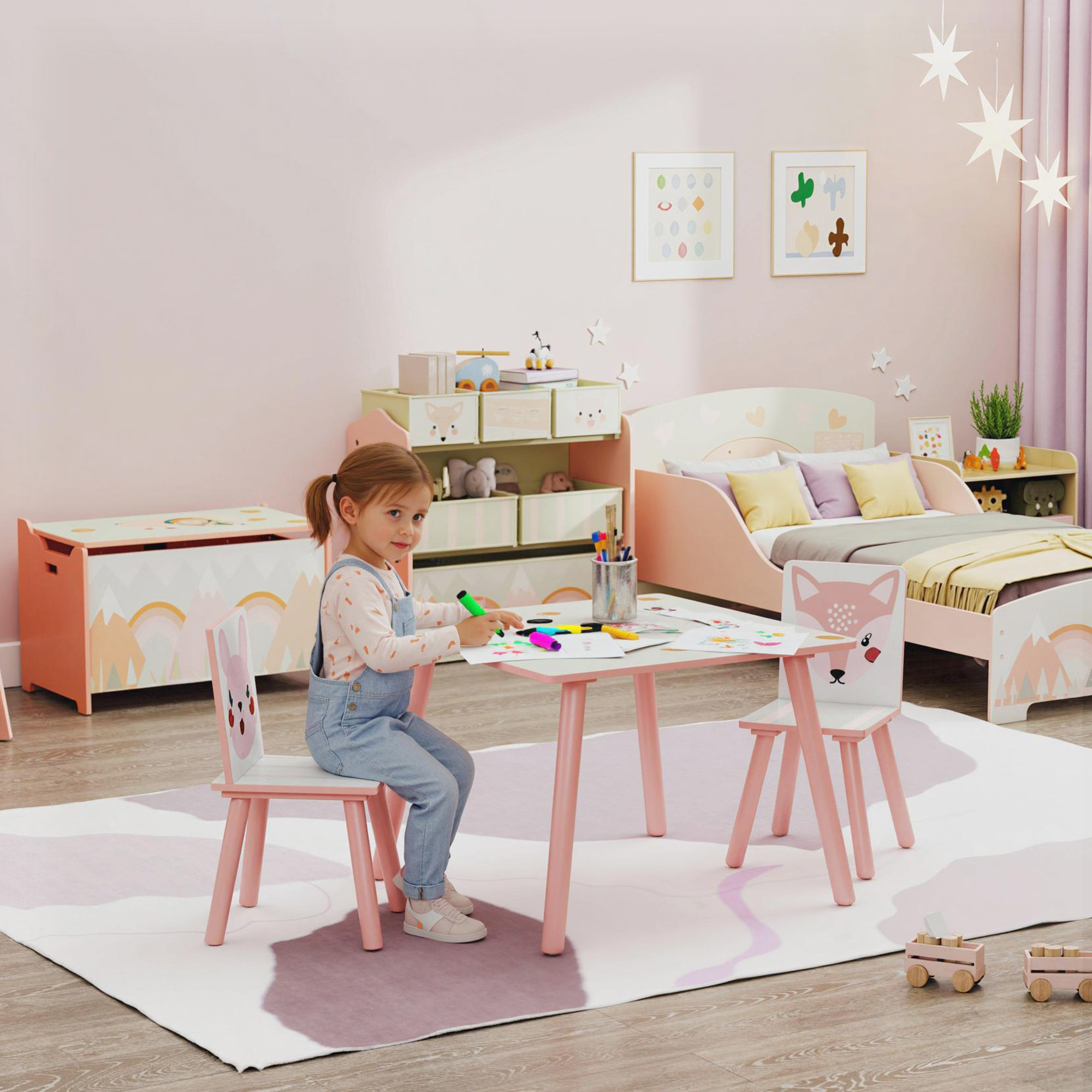 Zonekiz Set tavolo con 2 sedie per bambini, in legno di pino, motivo animale, 3-8 anni, Rosa   Aosom Italy