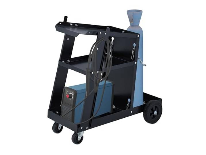 Relaxdays Schweißwagen, 3 Ablagen, Stellplatz für Gasflasche, Schweißgerätewagen, bis 90 kg, HxBxT: 69x40x71 cm, schwarz