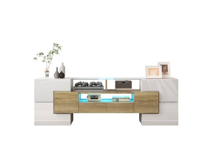 Meuble TV Blanc Brillant - Éclairage LED - 145 cm - Design Moderne