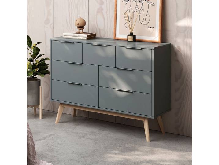 Commode 5 Tiroirs 120x40x83 Cm En Pin Vert Grisé - Klimea