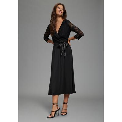 Abendkleid LAURA SCOTT, Damen, Gr. 42, N-Gr, Halbarm, Spitze, schwarz, Spitze, Obermaterial: 95% Polyester, 5% Elasthan. Spitze: 92% Polyamid, 8% Elasthan, unifarben, figurbetont wadenlang, V-Ausschnitt, Spitze, Kleider Abendkleid, aus Jersey und...