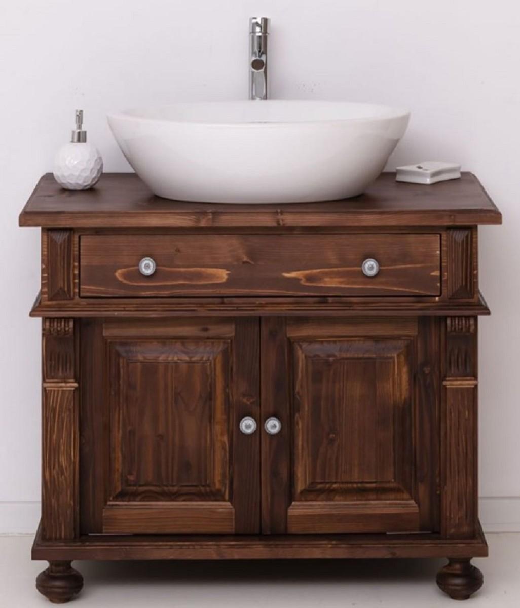 Casa Padrino Landhausstil Badezimmer Set Dunkelbraun / Weiß - 1 Waschbeckenschrank & 1 Ovales Keramik Waschbecken - Badezimmer Möbel im Landhausstil - Landhausstil Möbel - Landhausstil Einrichtung