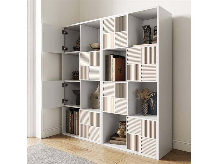 Bibliothèque 125x30x60cm - Meuble rangement modulable à 8 cases 4 portes à persiennes pose horizontale/verticale - Blanc