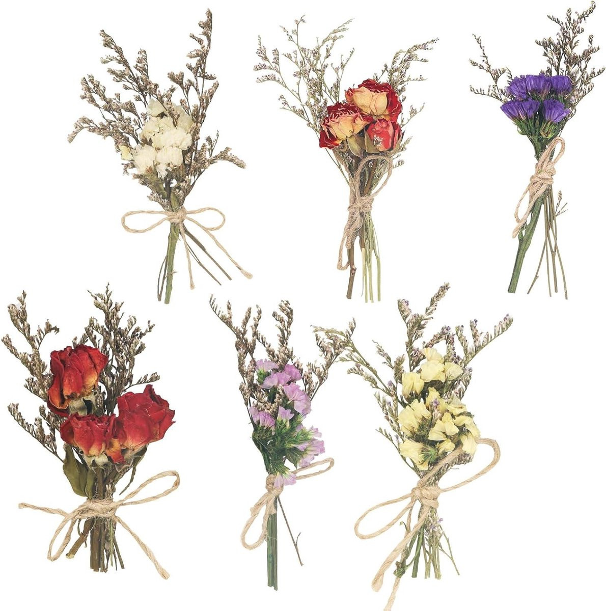Set van 6 multicolor droogbloemen boeketten voor decoratie en knutselen