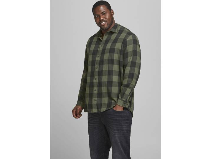 Karohemd GINGHAM TWILL SHIRT Gr. 6XL, grün (olivgrün, kariert), JACK & JONES PLUSSIZE, Hemden, Herren, 6XL (72/74), N-Gr, Web, Obermaterial: 100% Baumwolle, Karohemd, Bis Größe 6XL