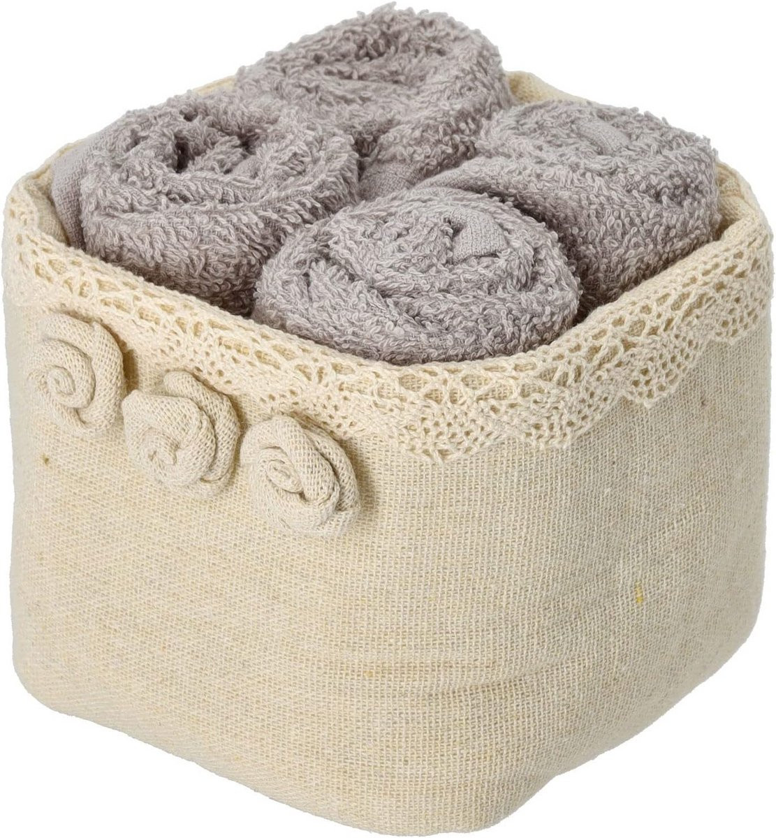 4-delige katoenen lavette set met opbergmand in beige met rozenmotief