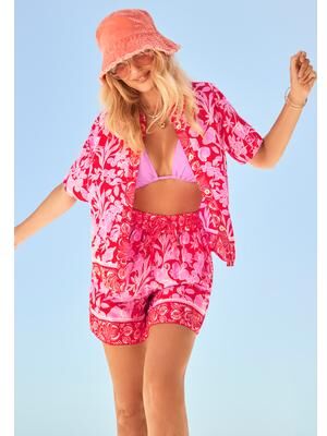 Plus Size Women's Cropped Button-Front Beach Cover Up Shirt by Swimsuits For All in Ruby Paradise (Size 14/16)