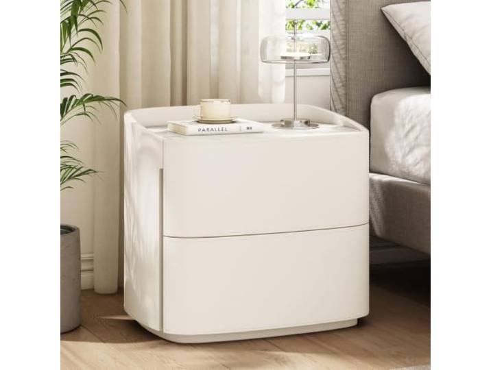 Moderner Nachttisch 2 Schubladen Schlichter Beistelltisch Rahmen aus Massivholz Leder Wohnaccessoires Komplett montiert(White,40cm/16in)