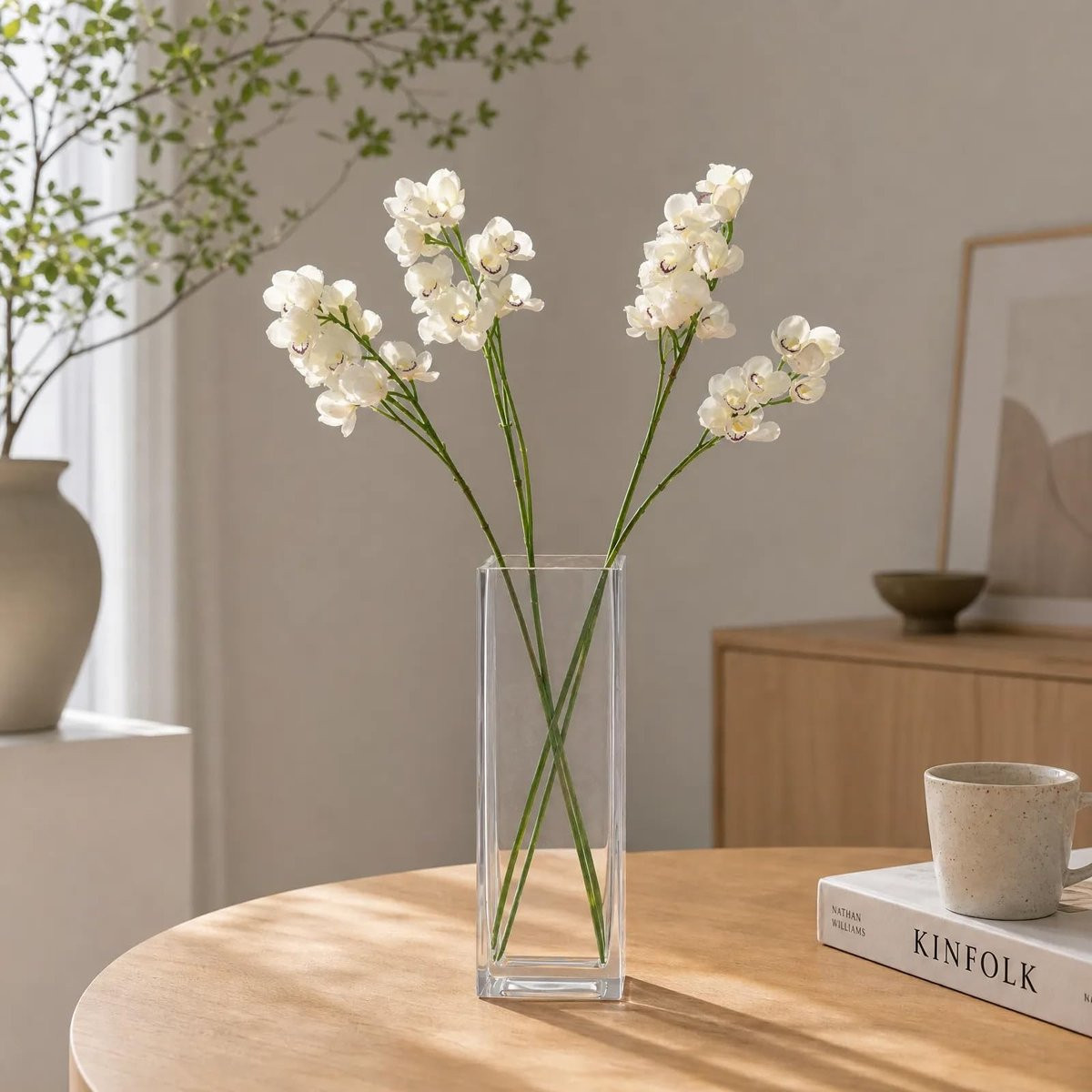 Kunstmatige Cymbidium orchidee met witte bloemen - 5 stuks