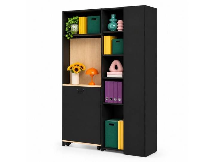 Bureau secrétaire pliant 2-en-1 avec bibliothèque – Noir et chêne – Prise européenne et ports USB