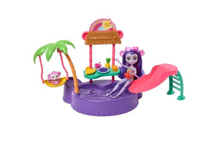 Enchantimals Pop en Accessoires, Apenplonsbad, speelset, pop en haar beste dierenvriendje, glijbaan, schommel en meer, cadeaus voor kinderen, HTW73