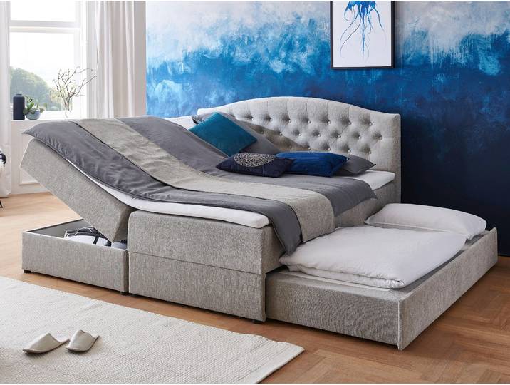 Boxspringbett Lotte , grau (hellgrau), B:182cm L:213cm, Bezug: Strukturstoff (100% Polyester; 100% Acryl);Bezug Matratzenspiegel: Jersey (100% Polyester und Acryl);Bezug Topperspiegel: Jersey (100% Polyester und Acryl);Bezug Kopfeil: Strukturstoff (100% Acryl), ATLANTIC HOME COLLECTION, Komplettbetten, Boxspringbett, mit Topper, Bettkasten und Gästebett