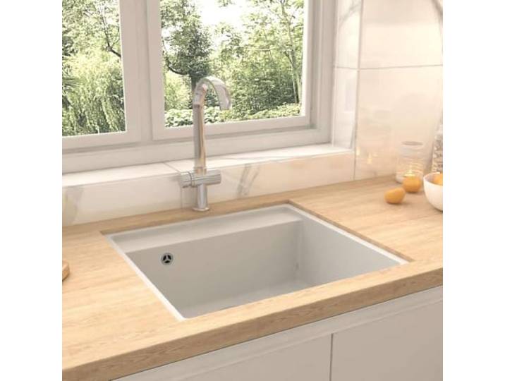 KFPOERTFGD Granit Küchenspüle, Einbau-Spülbecken Weiß, 53x50 cm Hitzeresistent bis 280 C, Extra tiefes Einzelbecken, Kratzfest & robust