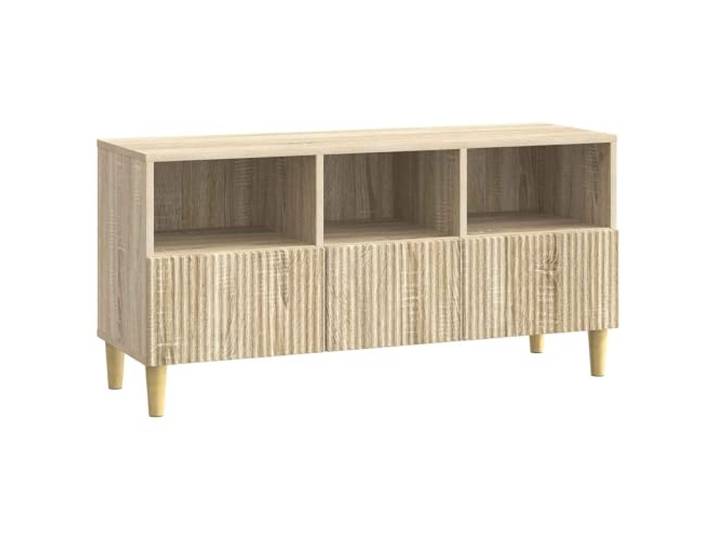KTHLBRH TV-Schrank 102 x 34,5 x 50 cm Eiche Sonoma Holz Engineered 3 Schubladen, Beine konisch braun, Beinhöhe 10 cm, Belastung 60 kg, Vintage-Stil