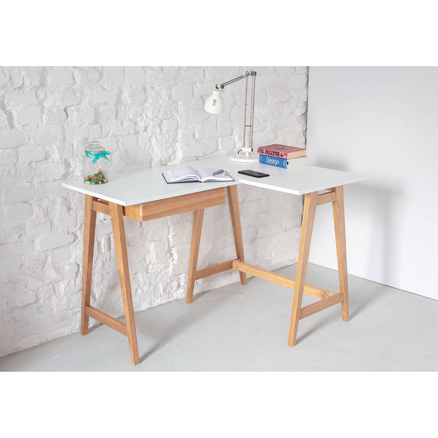 home24 Hoekbureau wit met lade links, Breedte: 115 cm