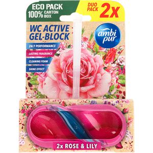 AmbiPur WC-Duftspüler WC Aktiv, Rose und Lily, Blauspüler, Einhänger mit Stein, 2 Stück