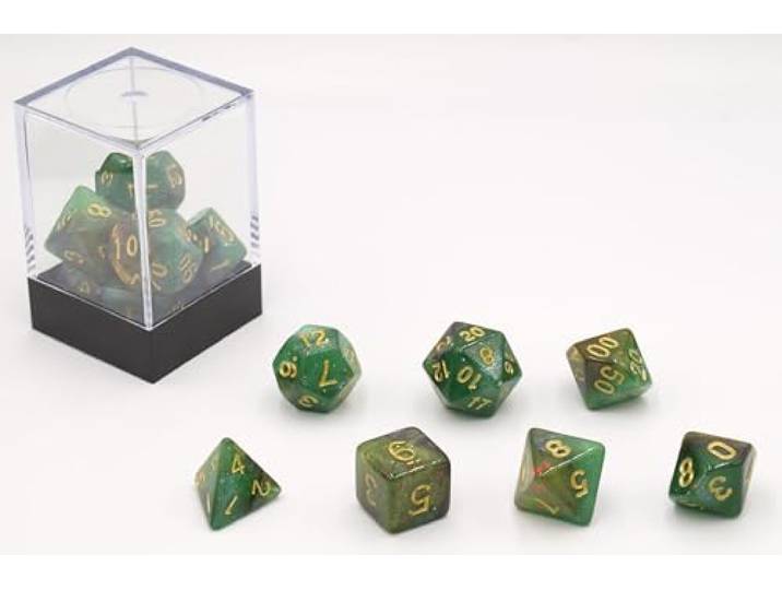 Dobbelstenen Stardust Groen/Amber 7set