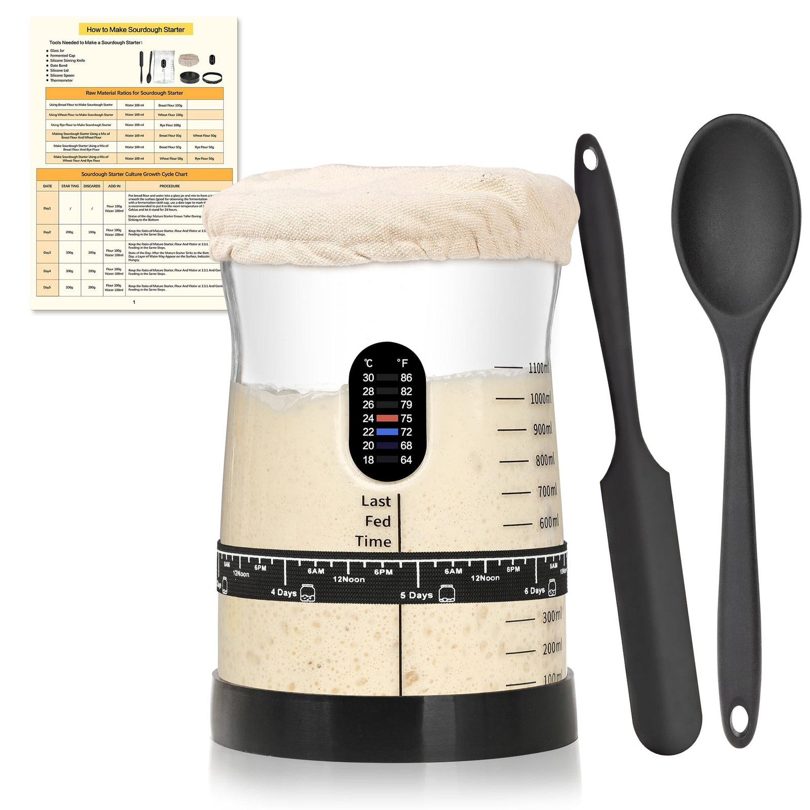 Zuurdesemstarter-set met 1,5 liter glazen container, thermometer en accessoires - zwart