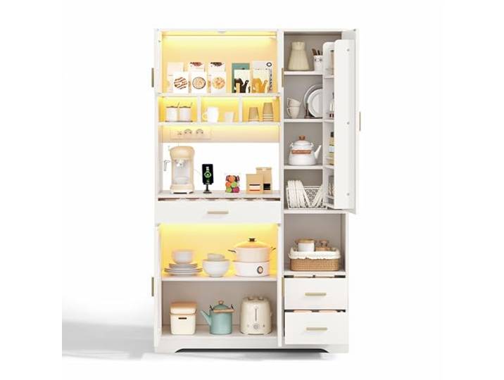 FurnitureR Küchenhochschrank, hoher Küchenschrank 105 x 40 x 185 cm, Weiß, MDF Vorratsschrank mit 5 Türen und 3 Schubladen, APP-LED, Steckdosenleiste, für Pantry, Kaffeeecke und offene Wohnküche