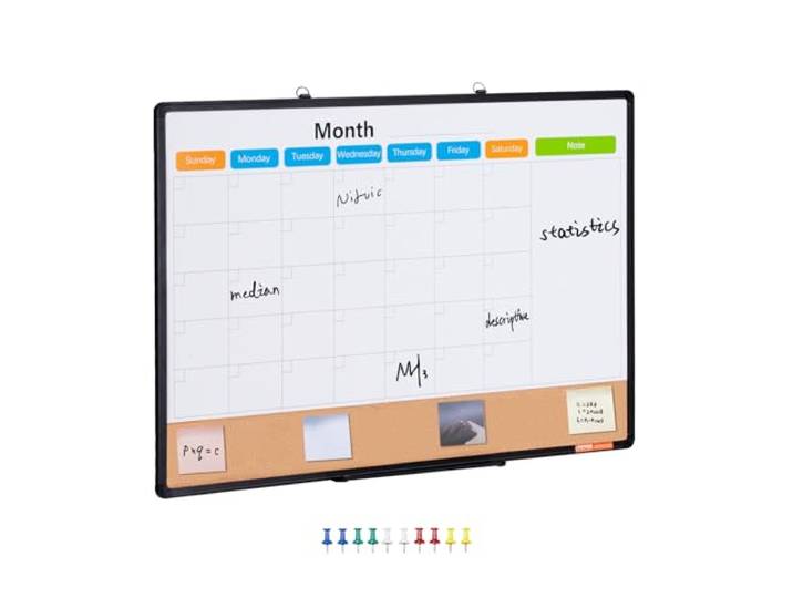 VEVOR Combo Tableau Blanc et Tableau en Liège 90 x 60 cm\, Calendrier Mensuel avec Cadre en Aluminium\, Tableau Magnétique Effaçable à Sec\, Montage Mural\, pour Faire des Plans Bureau Maison École