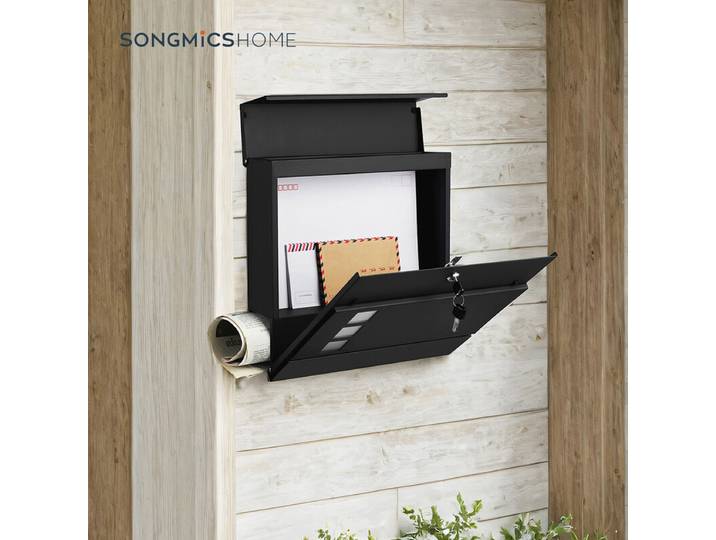 Ochama Grande boîte aux lettres moderne verrouillable – Noir, montage mural, 10,5 x 37 x 37 cm, inclut porte-journaux et 2 clés – installation simple pour une collecte sécurisée du courrier