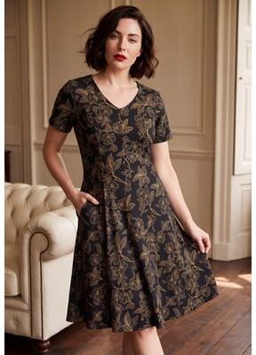Plus Size Women's Ponte Flared Dress by Roaman's in Black Camel Gallica Roses (Size 18 W)