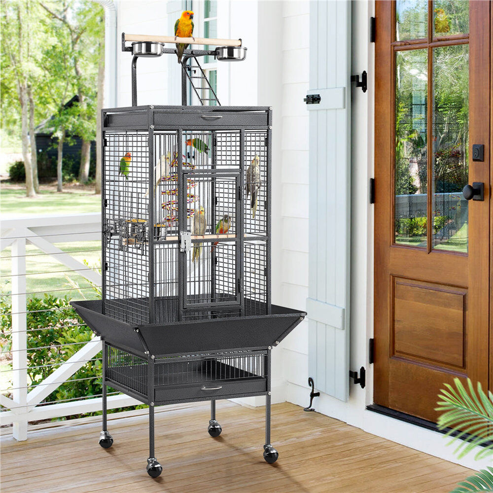 Yaheetech 156cm Steel Play Top Floor Bird Cage with Wheels Black 156cm H X 65.5cm W X 65.5cm D