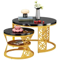 OKWISH Couchtisch Set 2-teilig Beistelltisch Wohnzimmertisch Marmortisch Metallgestell Nesting-Design modern stabil MDF hochglänzend 70x70 Schwarz+Gold