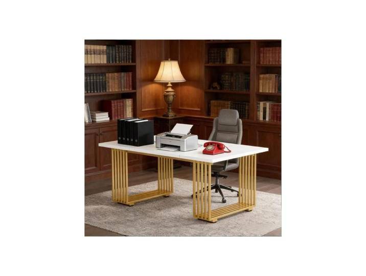 Bureau droit - ZEVKOR - 180×79×78 cm - Blanc et or - Métal et bois - 6 personnes