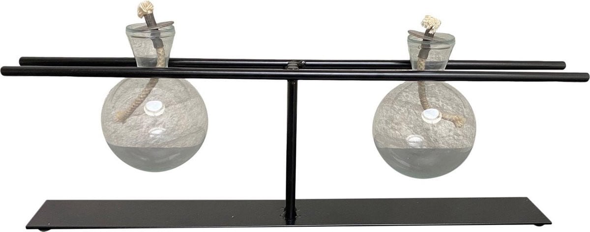 Olielamp met twee glazen bollen en rechte houder, zwart