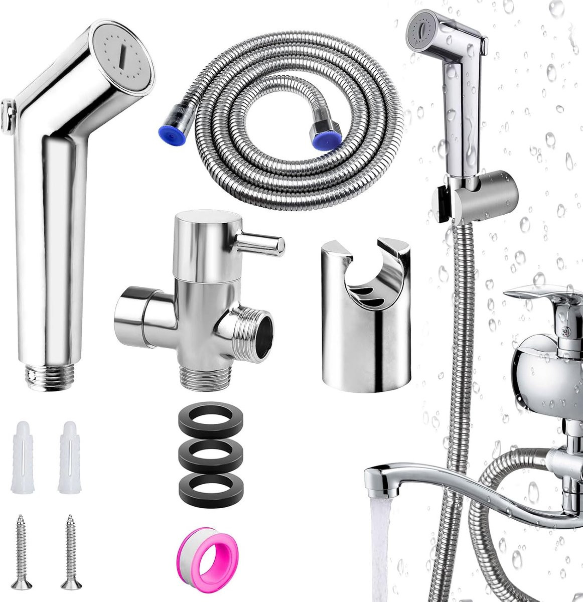 Zilveren handdoucheset met bidetsproeier en schroefdraadafdichtband voor badkamer en toilet