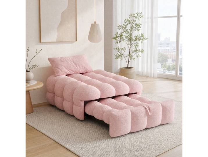 Canapé-lit simple convertible 2-en-1 183 x 76 x 42 cm en tissu bouclé teddy rose pouf banquette avec structure métal