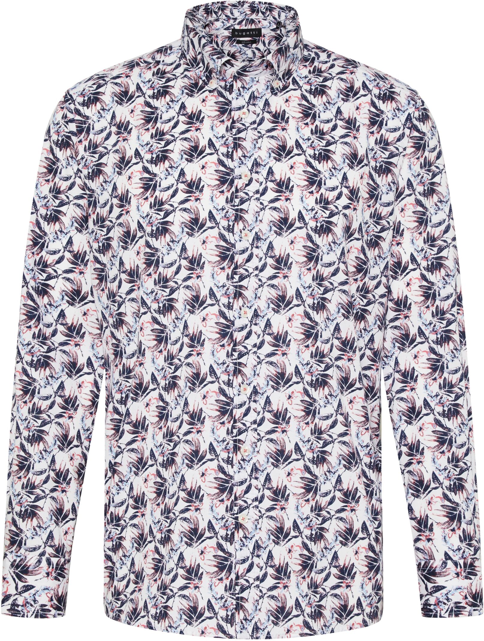 Langarmhemd BUGATTI, Herren, Gr. M, Normalgrössen, rot (apricot), 100% Baumwolle, normal, eckige 2-Knopf-Manschette, Hemden Langarmhemd, mit Blätter-Print apricot M, Normalgrössen