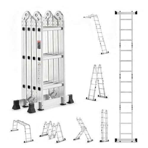 VEVOR Multifunctionele 7-in-1 opvouwbare ladder, aluminium telescopische ladder met 3,7 m bereikhoogte en 350 kg draagvermogen, zilver/wit