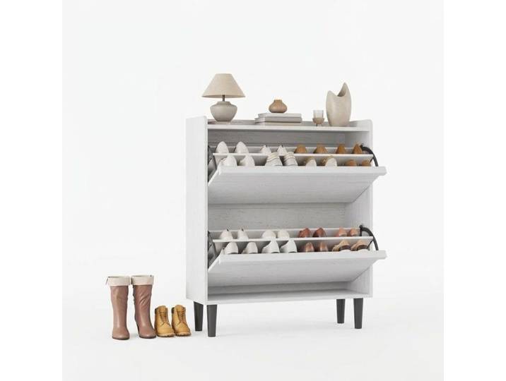 Meuble à Chaussures avec 2 Tiroirs Rabattables Meuble De Rangement à Chaussures 18 Paires Étagère Réglable en blanc