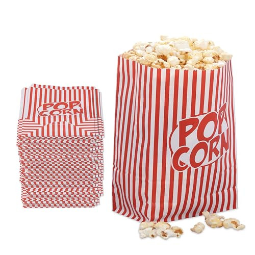 Relaxdays Popcorn Zakjes Set van 48 Stuks, Rood/Wit Gestreept, Papieren Retro-look Bakjes