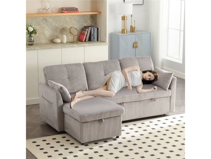 Canapé d'angle convertible 3 places avec sièges de coffre Canapé de style simple Lit gigogne 206x130x66-88cm Velours Gris