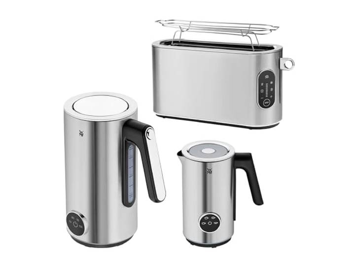 WMF Set 3-teilig Lumero Toaster 2 Scheiben, Langschlitz mit Brötchenaufsatz und Lumero Wasserkocher mit Temperatureinstellung 1,6l, elektrischer Wasserkocher und Design-Milchaufschäumer elektrisch