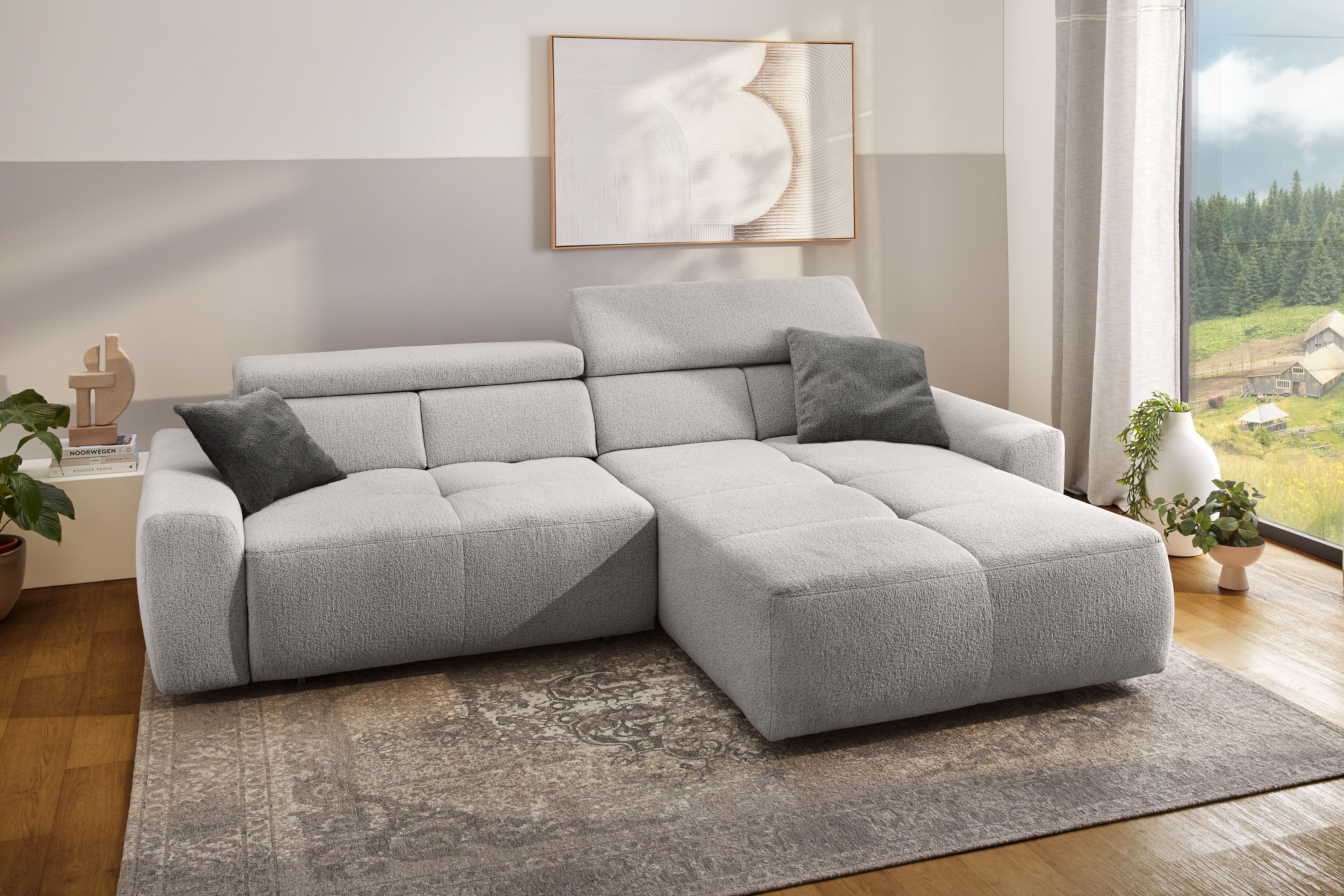 Ecksofa JOCKENHÖFER GRUPPE "Unos L-Form, B: 299 cm, mit 60 cm elektr. Sitztiefenverstellung", beige (hellgrau), B:299cm T:211cm, Korpus: 100% Polyester;Kissen: 100% Polyester, Sofas, Ecksofa, 140kg Belastbarkeit, USB-Anschluss, Kopfteilverstellung & Zierk