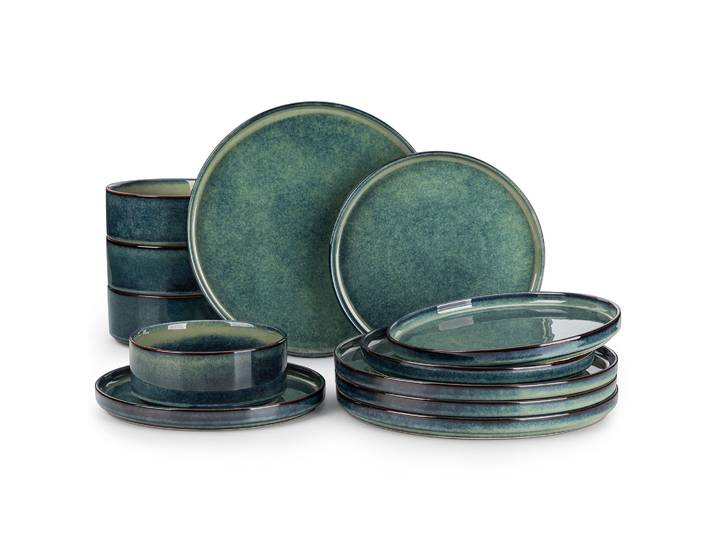 Vancasso – service de table 12/24 pièces, glaçure réactive noire et verte, service de table à bord Vertical avec 4 assiettes à dîner/dessert/bol
