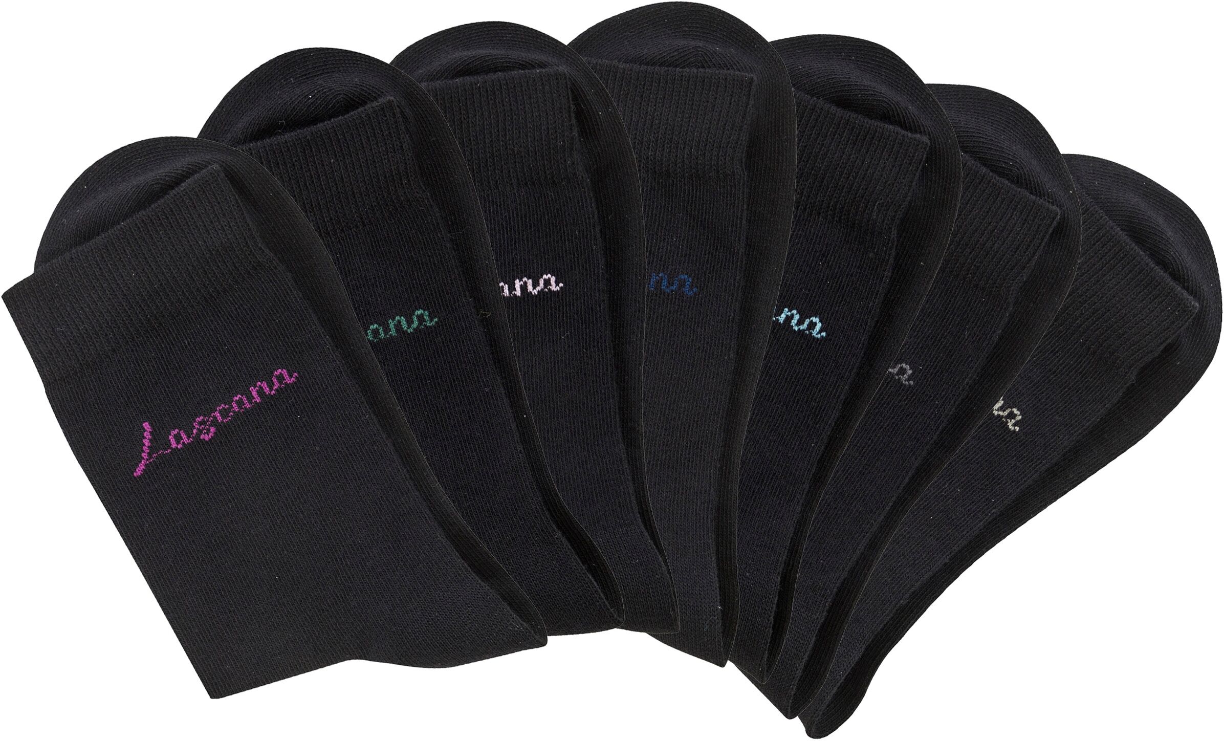 Basicsocken LASCANA "für Damen mit eingestricktem Markenlogo", Damen, Gr. 35-38, Sockengrösse, schwarz (7x schwarz), Baumwollmischung, unifarben, elastisch, Socken Basicsocken, in ansprechender Geschenkbox 7x schwarz 35-38, Sockengrösse
