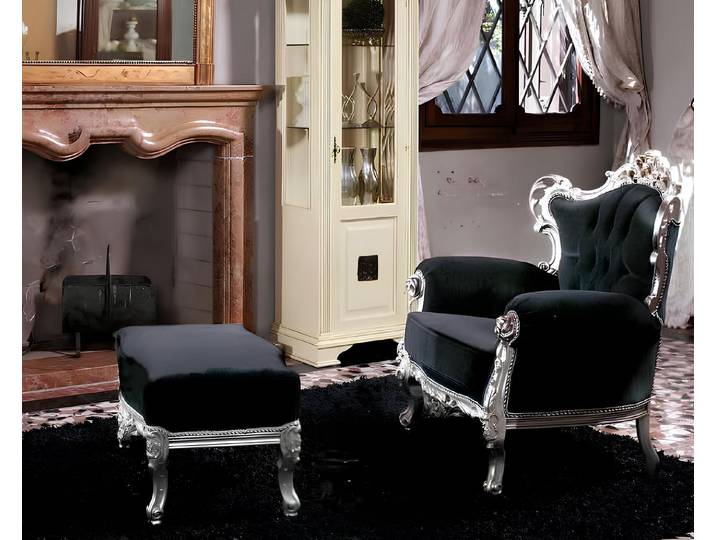 JVmoebel Sessel Barock Sessel im Rokoko-Design aus schwarzem Stoff mit silbernen Füßen (Sessel), Made in Europa