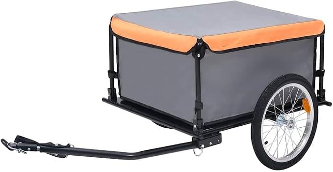Fahrradanhänger Grau Blau Stahl mit klappbarer Deichsel, abnehmbarem Laderaum, wasserabweisendem Verdeck, Reflektoren, Kupplung für Einkauf, Camping, Gepäck und Transport