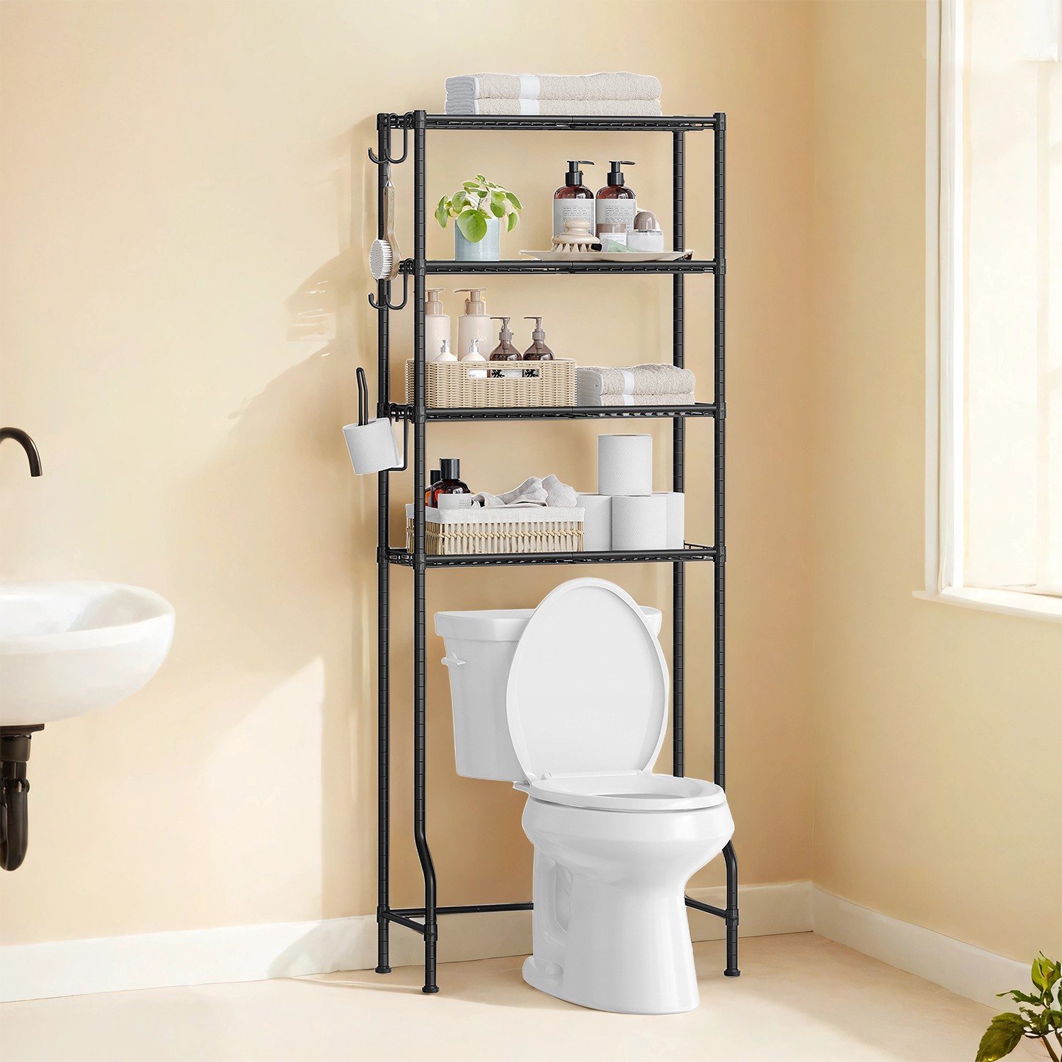 SONGMICS 4-stöckiges Toilettenregal mit Haken platzsparend schwarz BTSB35013B01