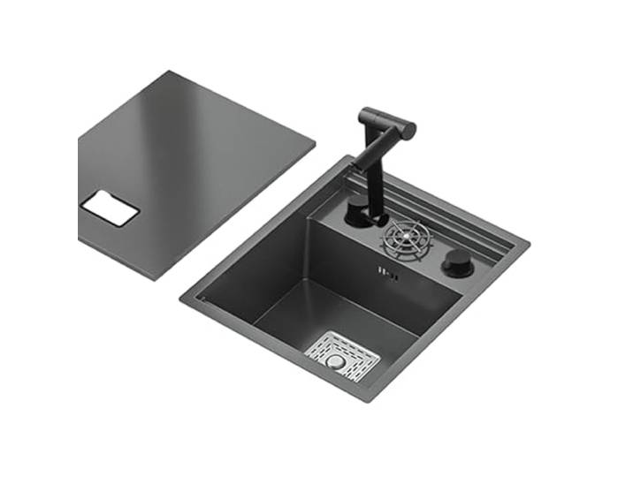 Verdecktes Spülbecken，schwarz，38×45 cm, mit klappbarer Wasserhahn 304-Edelstahl, inklusive Abdeckplatte / Glasspüler, für Küche, Wohnmobil und Bartheke.