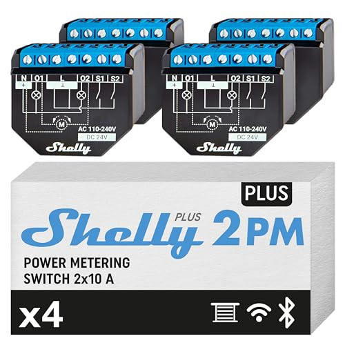 Shelly Plus 2PM Smart Relais Schakelaar met 2 Kanalen, WLAN & Bluetooth, 4 stuks