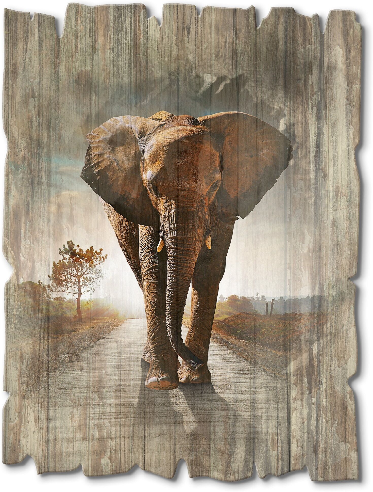 Holzbild ARTLAND "Ein Elefant läuft auf der Strasse", braun (farbe bild(er): braun), B:30cm H:40cm, Bilder, Holzbild farbe bild(er): braun B/H/T: 30cm x 40cm, Holzbild Wildtiere Hochformat, 1 Stk.