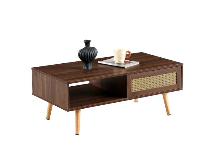 Modfu Couchtisch aus MDF in Braun mit Rattan-Schiebetür, 55x41.5x105 cm, Wohnzimmer, Wohnzimmertische, Couchtische